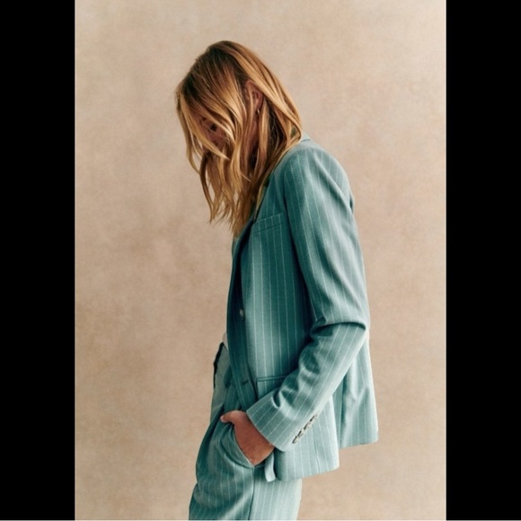 Sezane Christie Blazer Jacket Sage Green Ecru Pinstripe - Picture 2 of 12